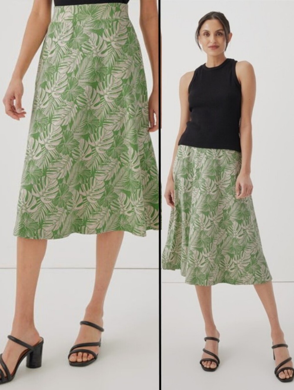Pact Green/Cream Jade Palms Leaf Print Fit And Flare Midi Skirt Travel Size L